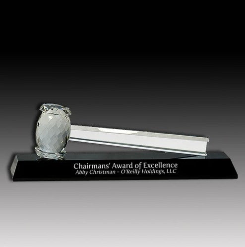 Crystal Gavel on black glass base with sand etch text and white color fill. 