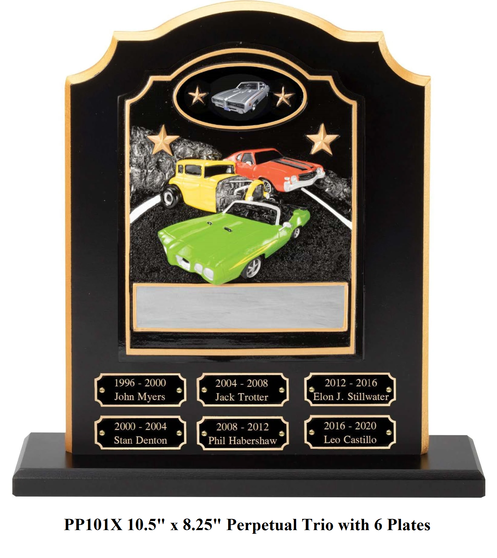 Decorative plaque with three cars and engraved names on a black background