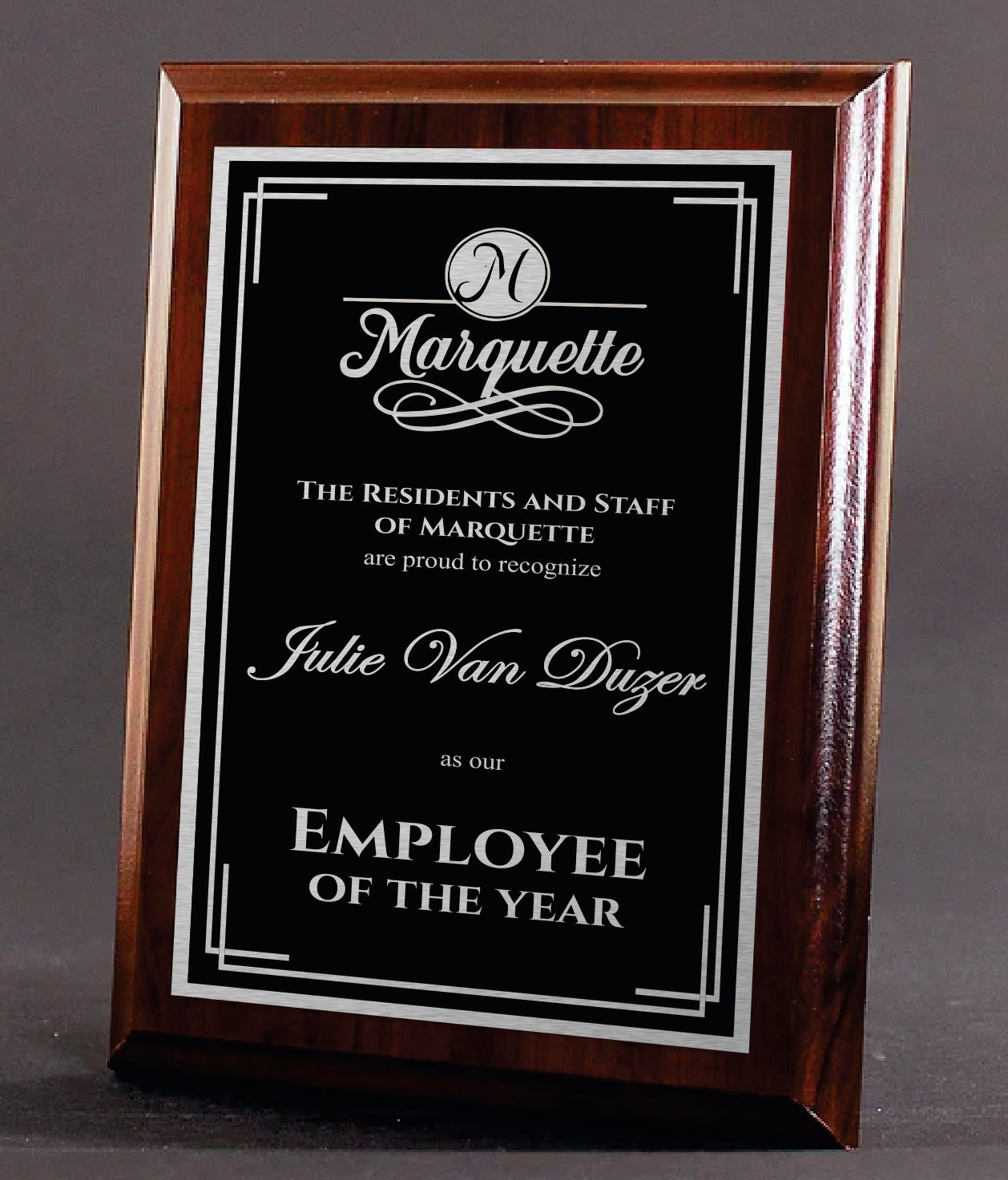 Cherry finish plaque with black and silver plates and laser engraved text and logo