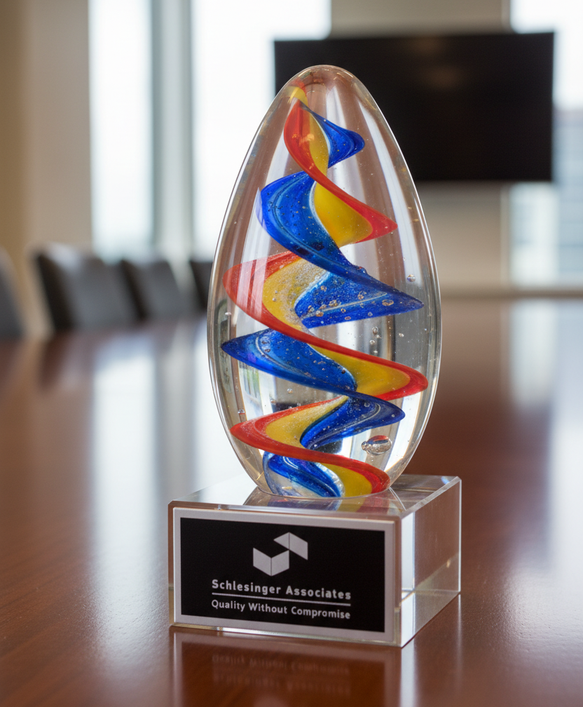 Colorful glass sculpture on a wooden table with a blurred office background