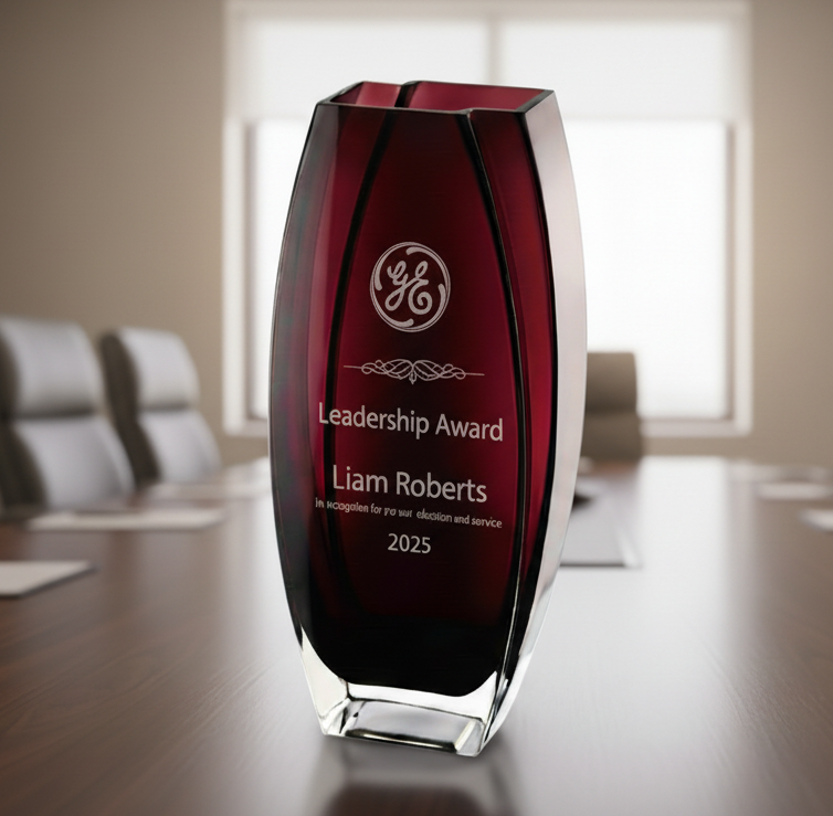 Red vase leadership award on a conference table with logo