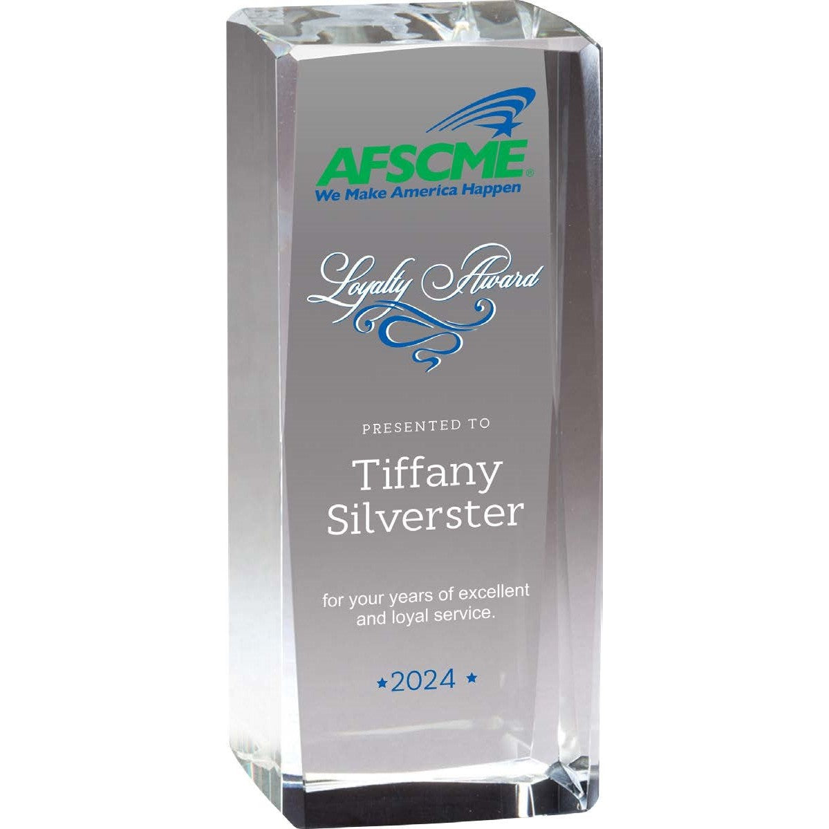 Freestanding monolithic crystal block personalized with UV color text and graphics