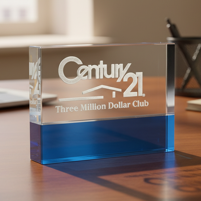 Clear and blue crystal glass block with Century 21 logo on a desk