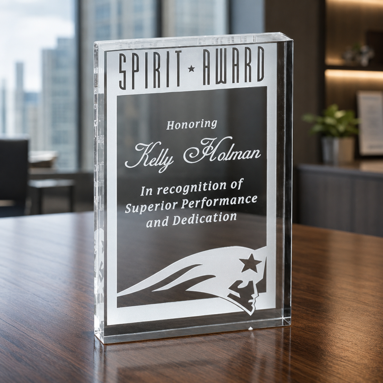 A clear acrylic award plaque with engraved text, SPIRIT AWARD In recognition of Superior Performance and Dedication.