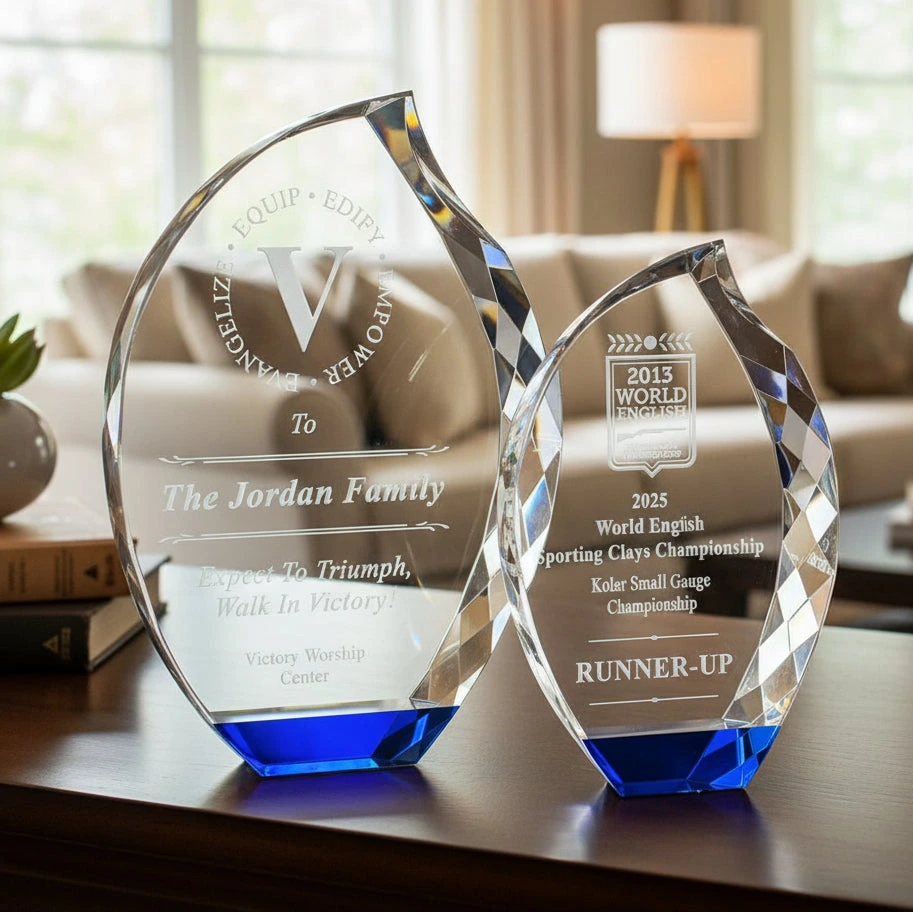 Thick Faceted Crystal Flame trophy with deep sandetch engraving award Atlanta, Johns creek, Suwanee, Sandy springs, 