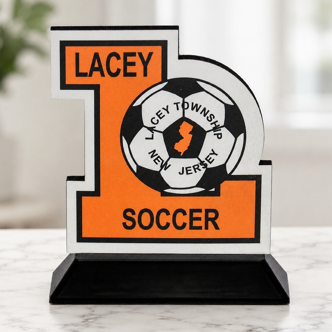 Custom acrylic deal toy with full-color soccer graphics and black base for corporate or team recognition.
