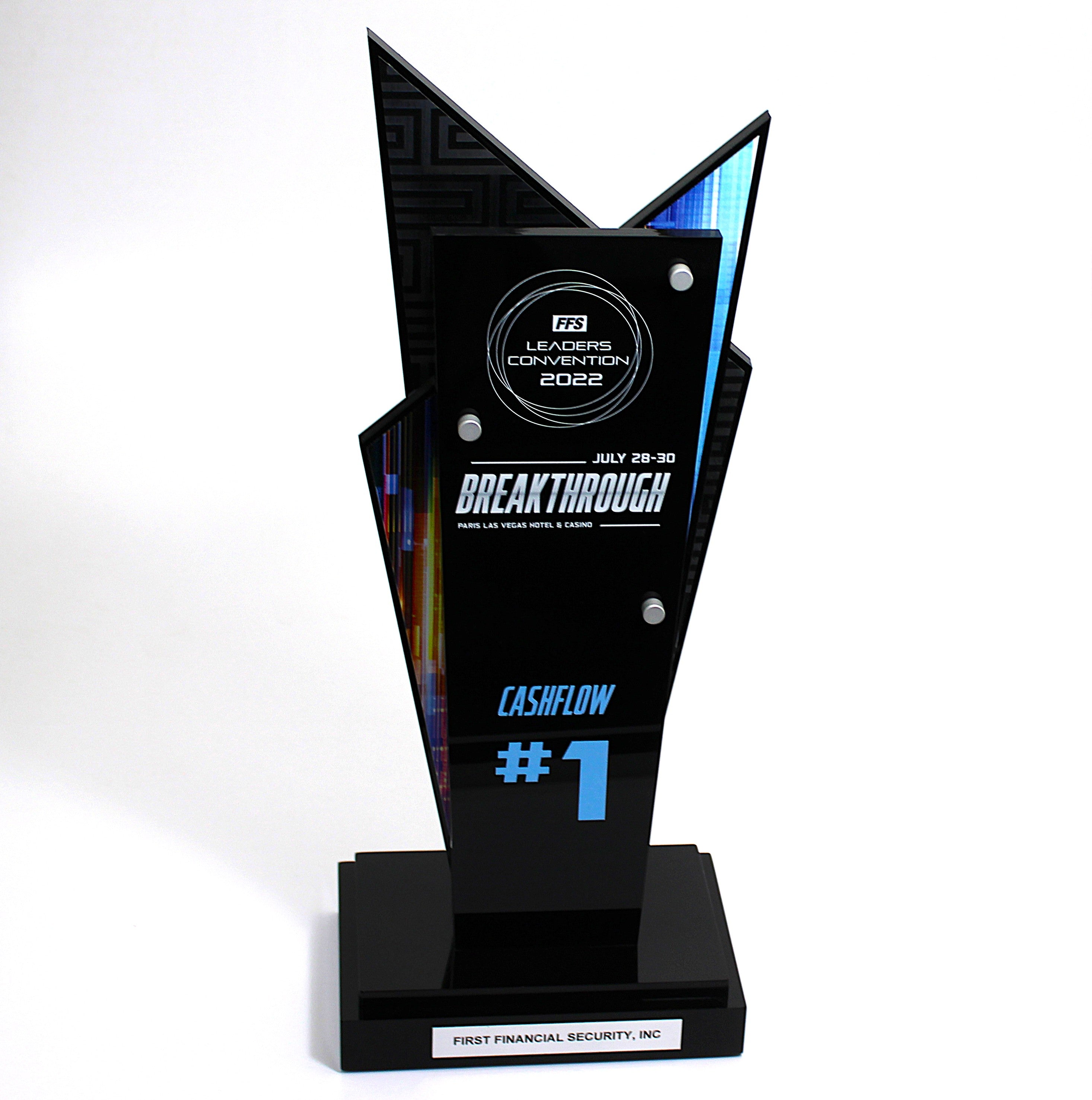 A black custom acrylic award with multicolored accents, showcasing a modern design to recognize achievement.