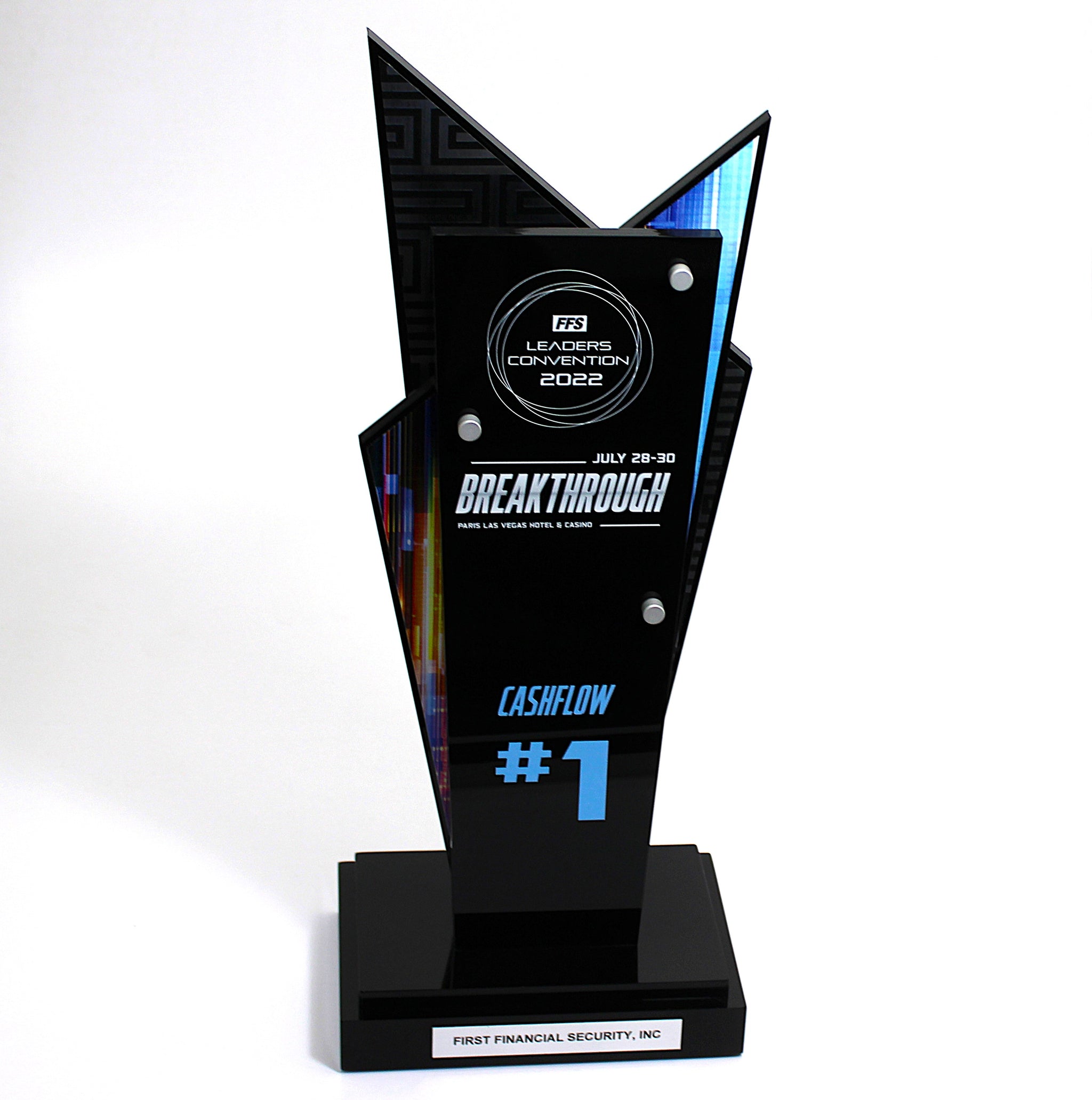 A black custom acrylic award with multicolored accents, showcasing a modern design to recognize achievement.