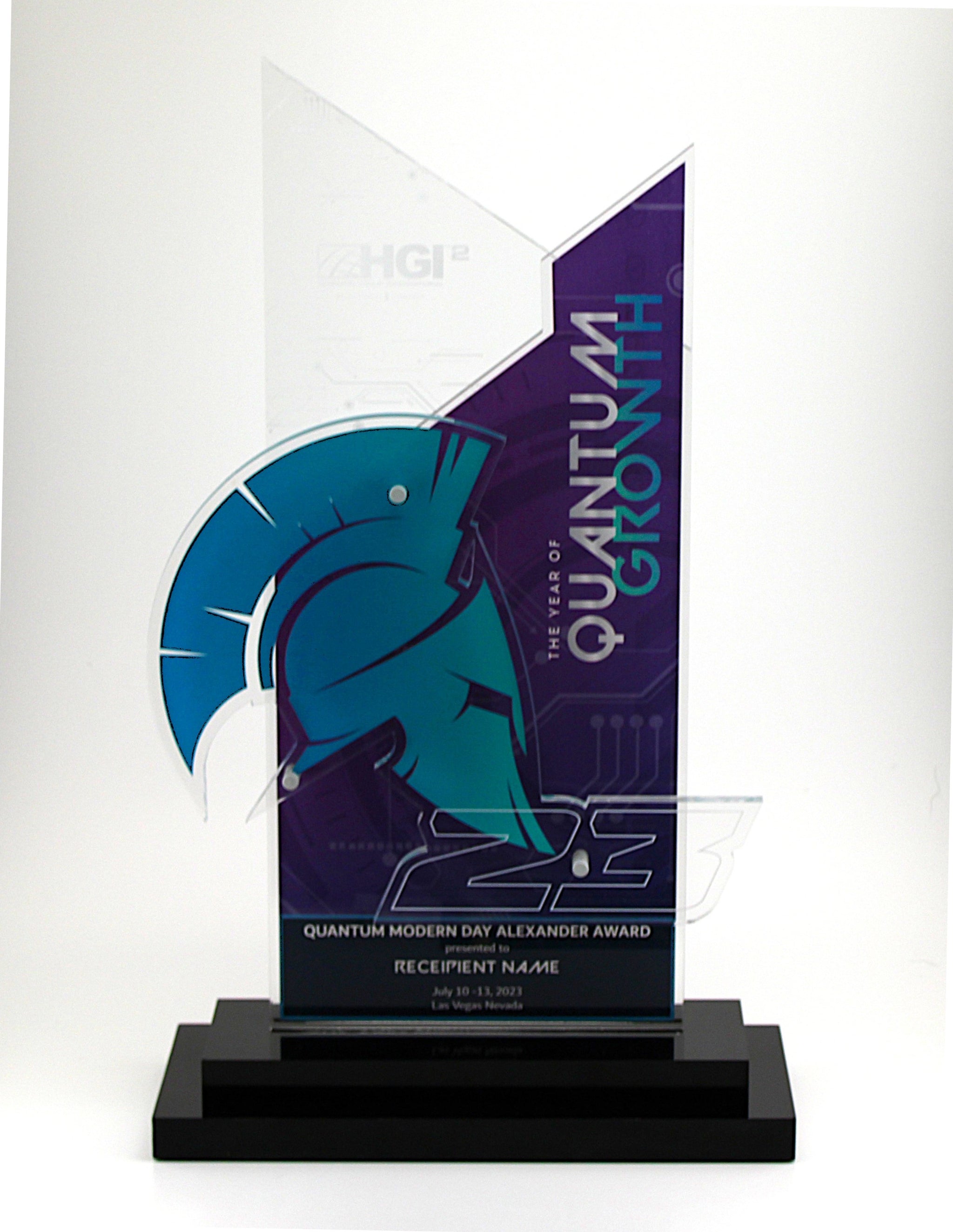A custom Lucite Financial Tombstones with logo design, featuring a stylized face and engraved text
