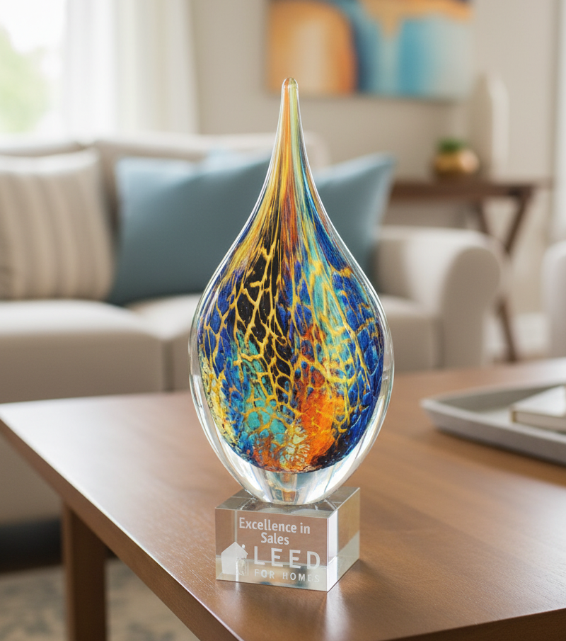 Decorative glass award on a wooden table in a living room setting