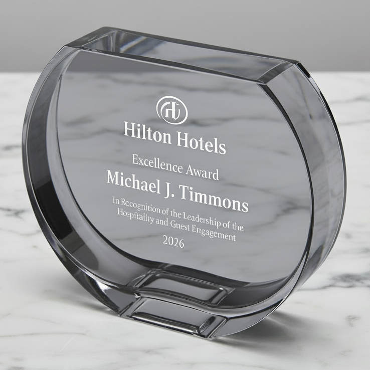 Gray glass vase award with logo and text