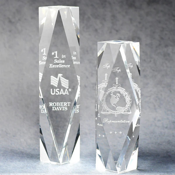 Faceted optic crystal tower awards with sand etch engraving
