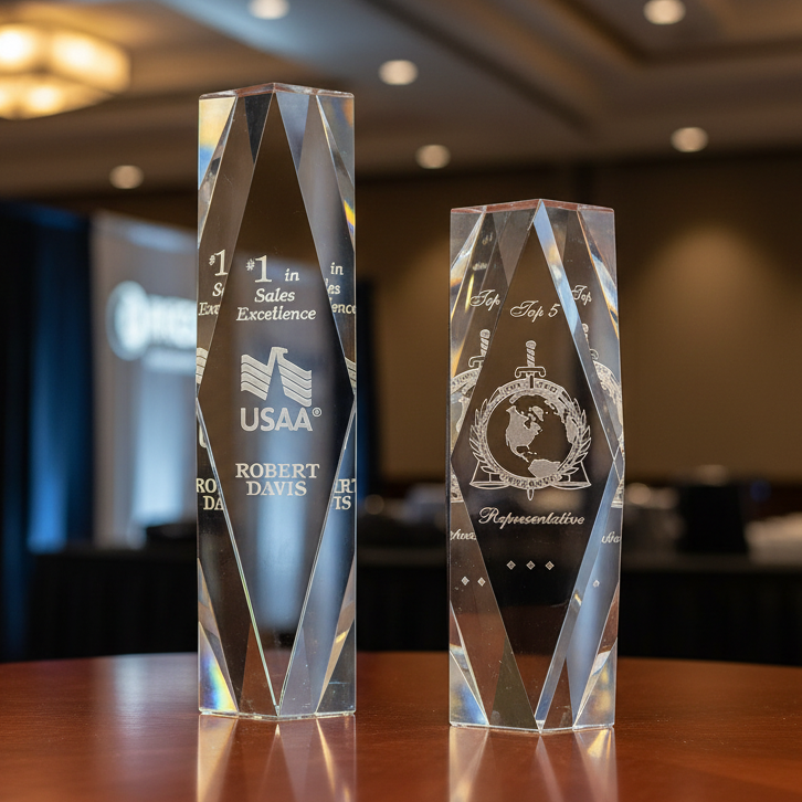 Two crystal engraved awards at corporate convention