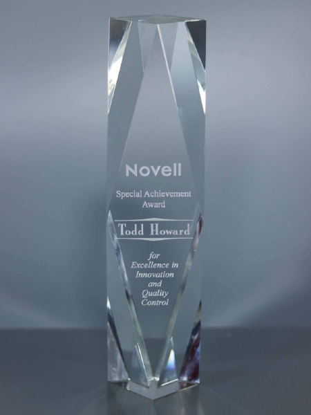 Tall optic crystal faceted tower with sand engraved personalization