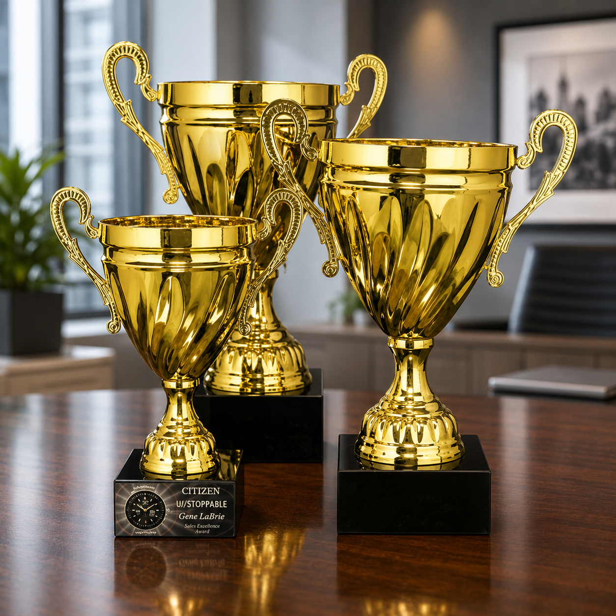 Three sized personalized gold trophy cups with black bases displayed in a modern corporate office setting.