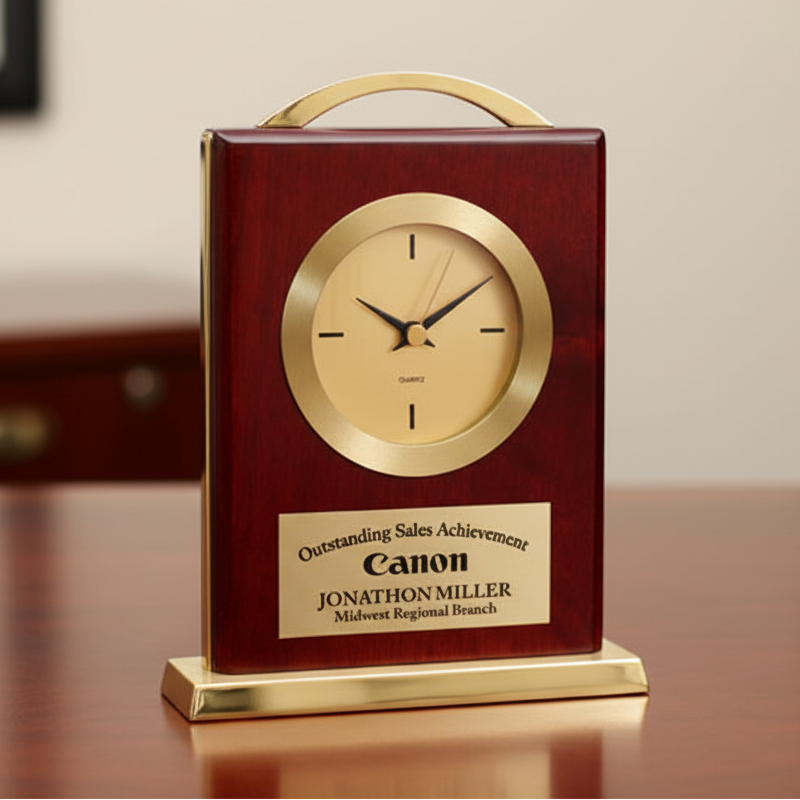 Decorative clock with gold face and wooden casing on a desk, featuring a Canon award plaque.