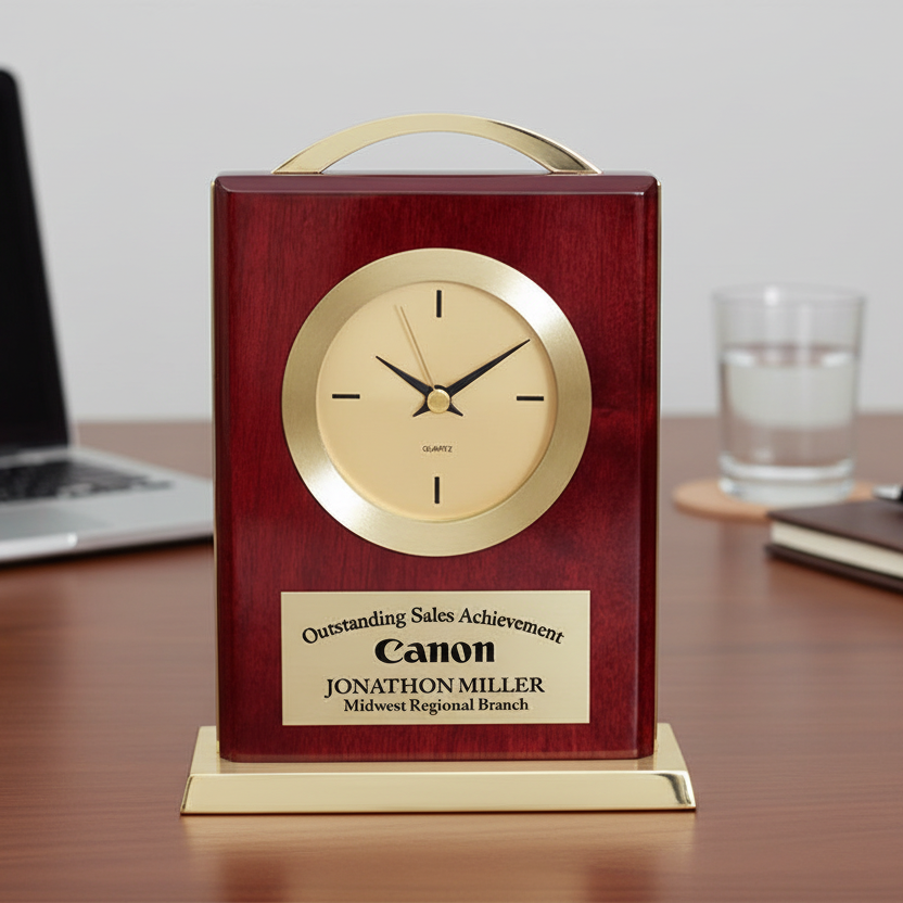 Decorative clock with a gold face and red wooden frame on a desk, featuring a personalized plaque.
