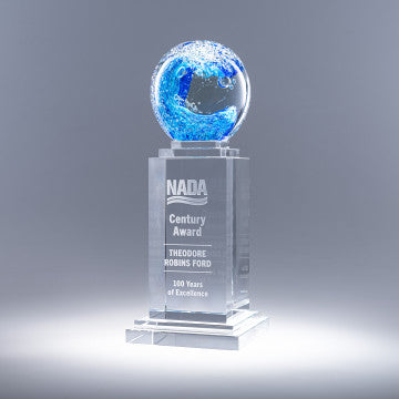 Crystal award with blue glass globe on base with sand etched text and corporate logo