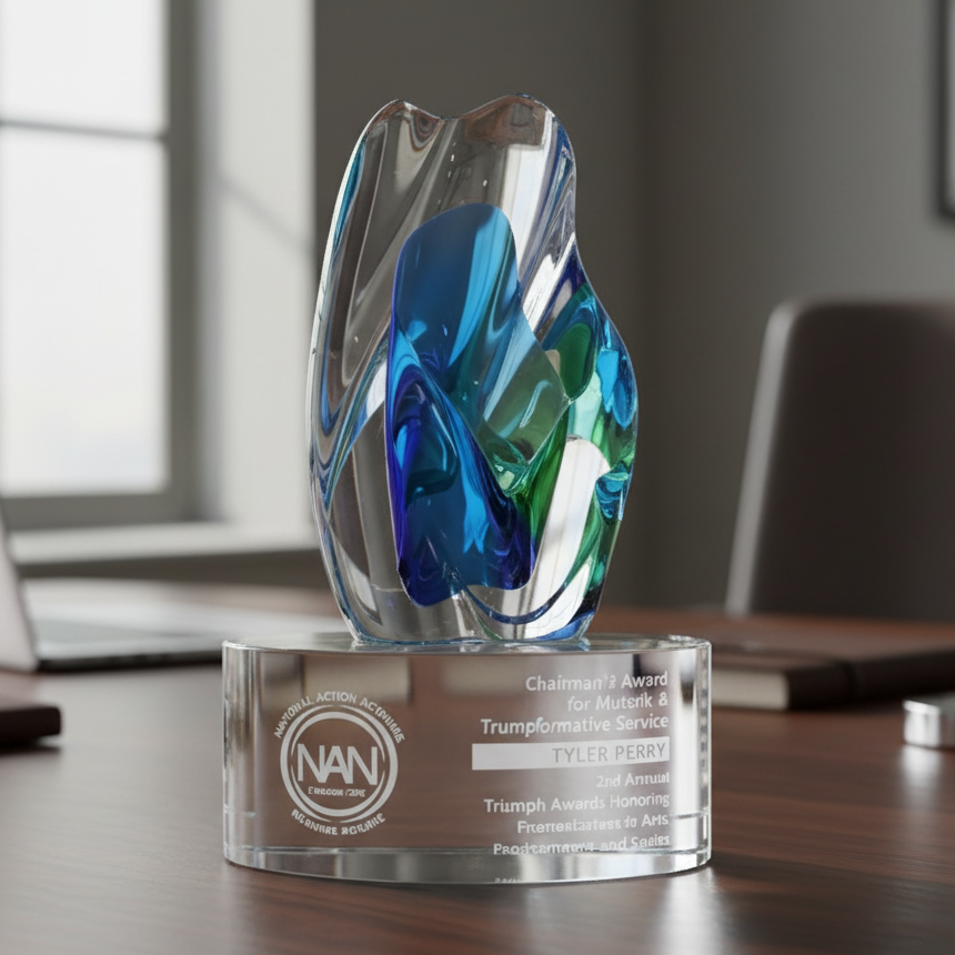 Glass award with blue and green design on crystal base with sand etched text corporate logo.