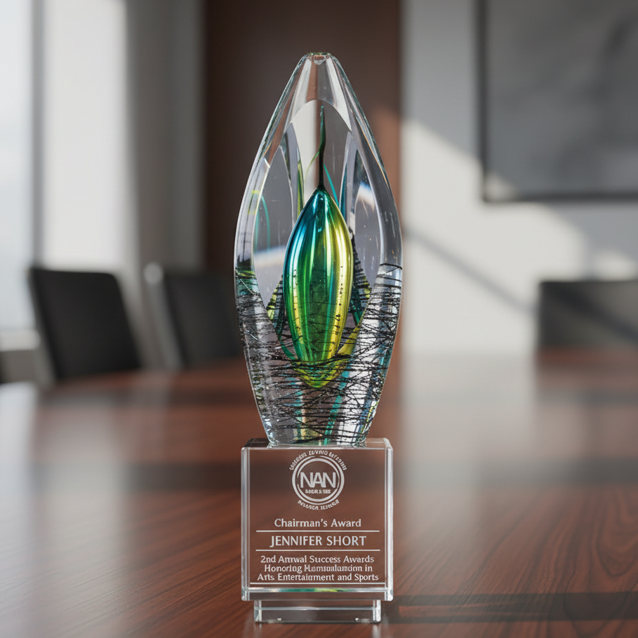 Crystal art award on base with sand etched corporate logo and text.