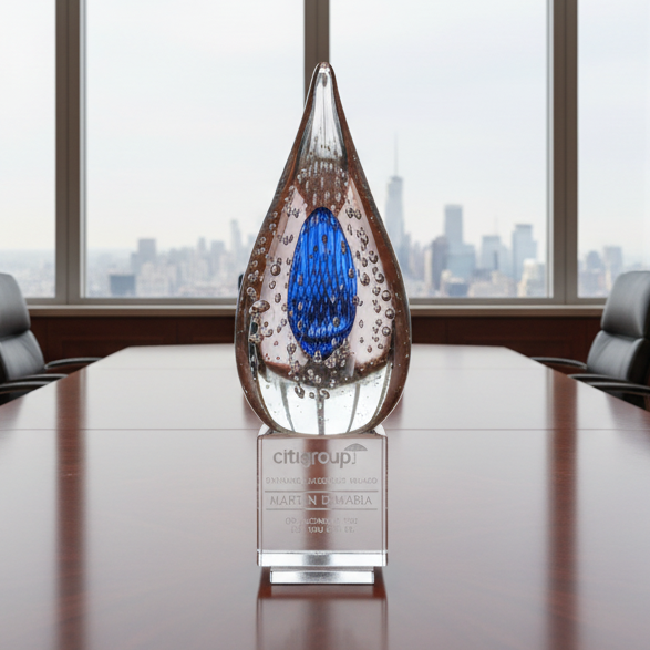crystal glass tear drop award with blue interior, crystal base and sand etch engraving