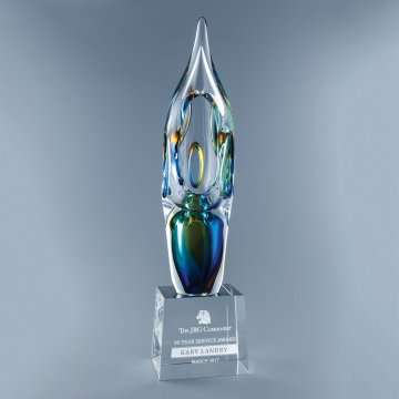 Decorative art glass award on optic crystal base with sand etched text and corporate logo