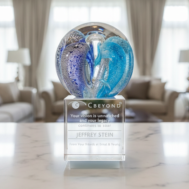 Decorative glass sphere award on a Crystal base with sand etch engraved text and logo
