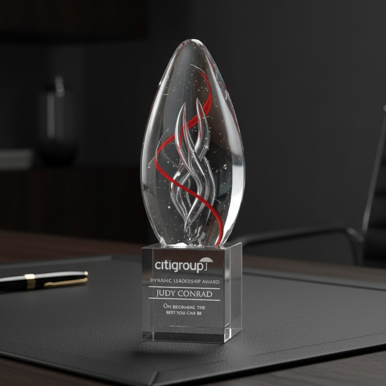 Clear glass award with red and silver design on a crystal base with sand etched text and corporate logo
