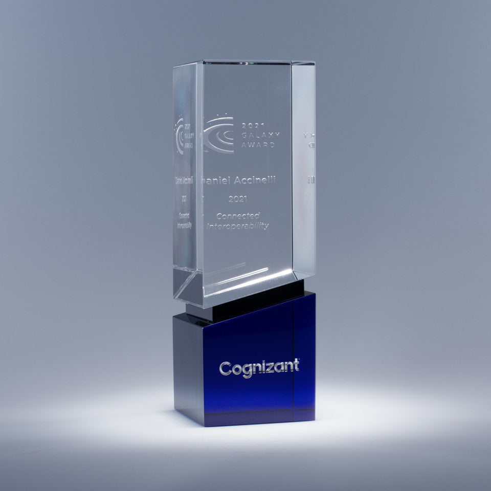 Clear Crystal glass award with sand etch engraved text and logo with etched blue base