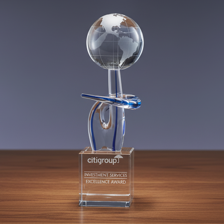 11 inch tall art glass award with a globe on top of crystal base and sand etched logo and text