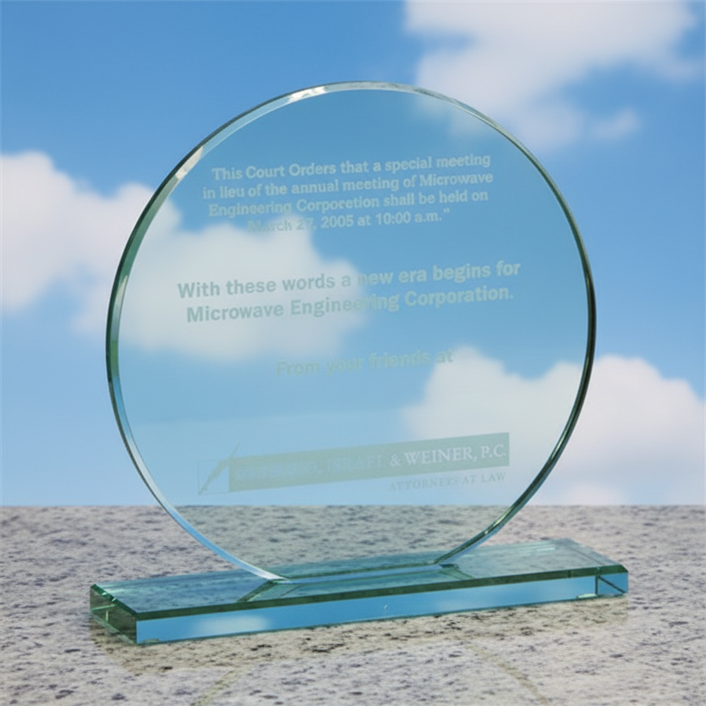 Glass award with engraved text against a blue sky background