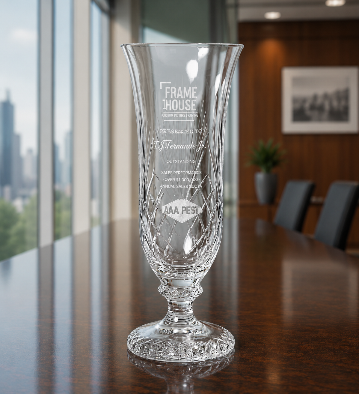 Crystal vase with engraved text and company logo