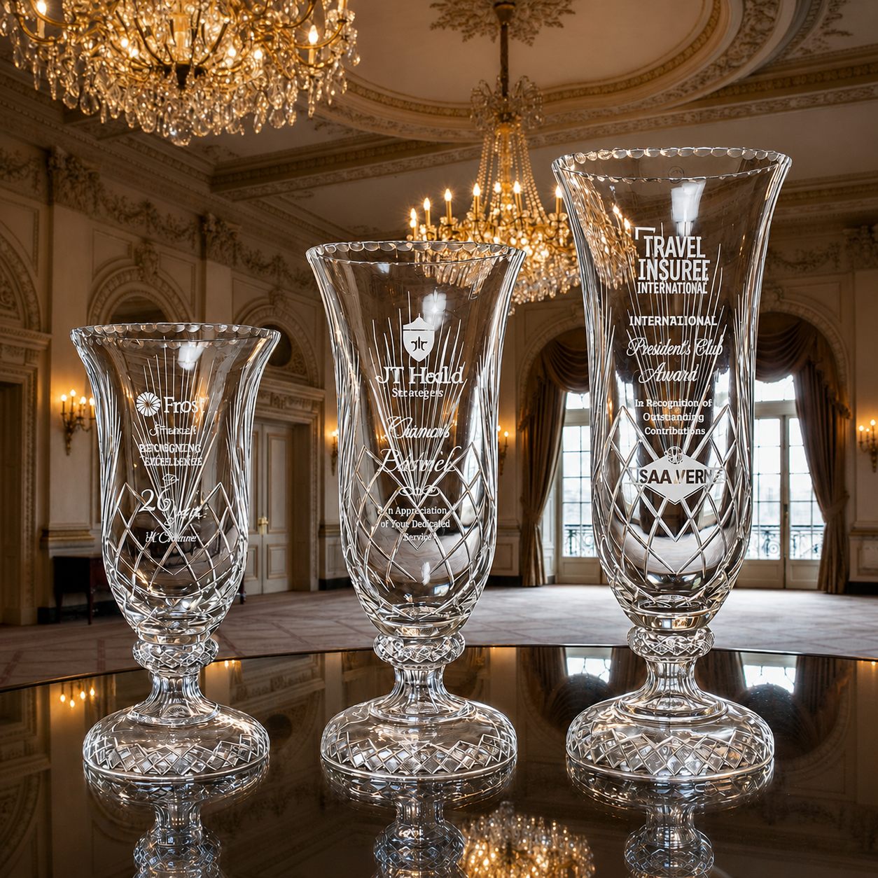 Three crystal awards vases at a convention or corporate awards event