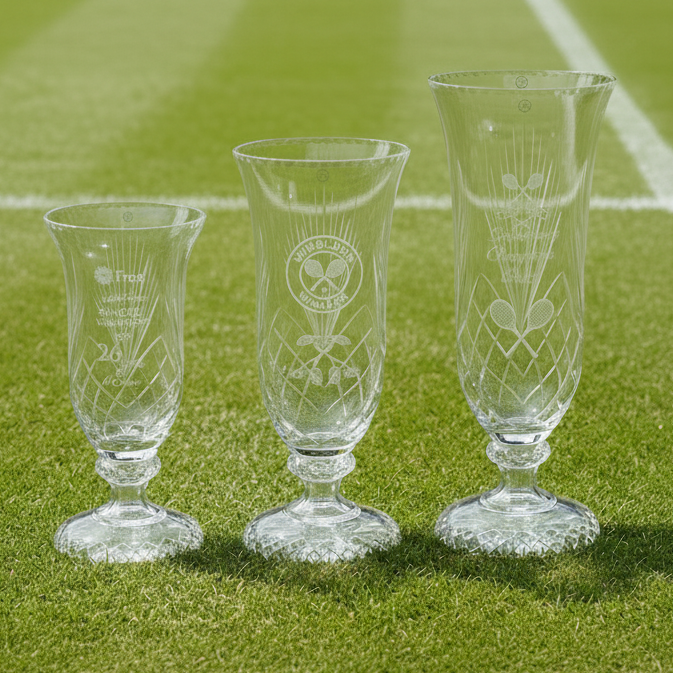 Three glass vases on a grass tennis court background