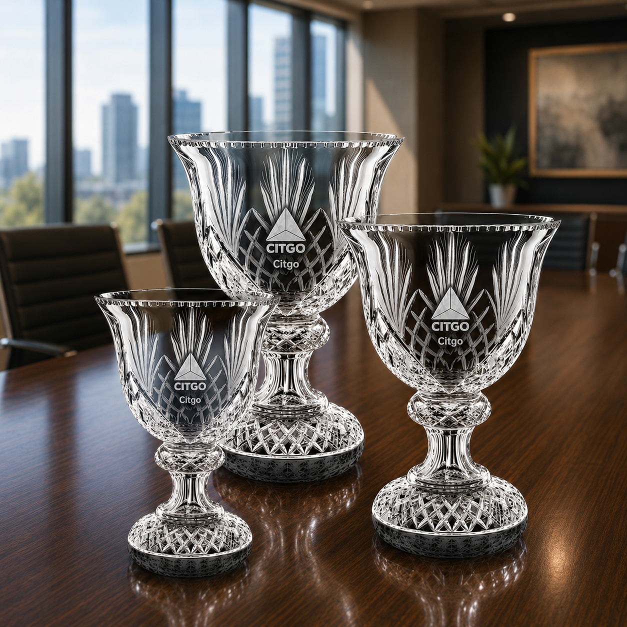 Set of crystal goblet vases with engraved company logo