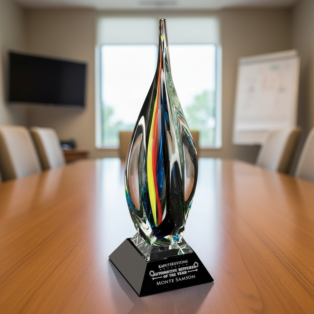 Colorful glass award on a wooden table in a conference room