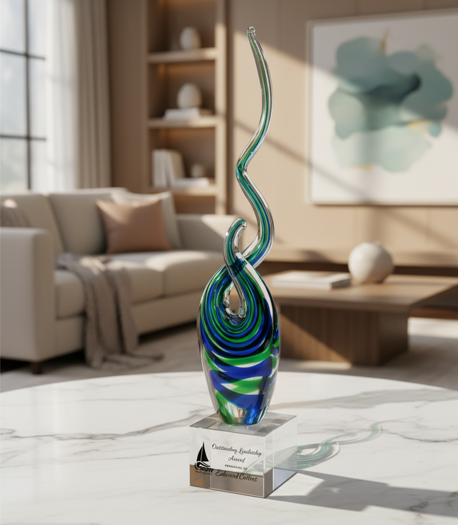 Decorative hand-blown art glass sculpture sand etch color filled engraving