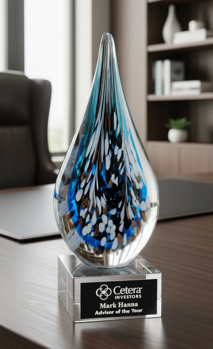 Glass award with blue and black design on a wooden surface, featuring the Cetera logo.