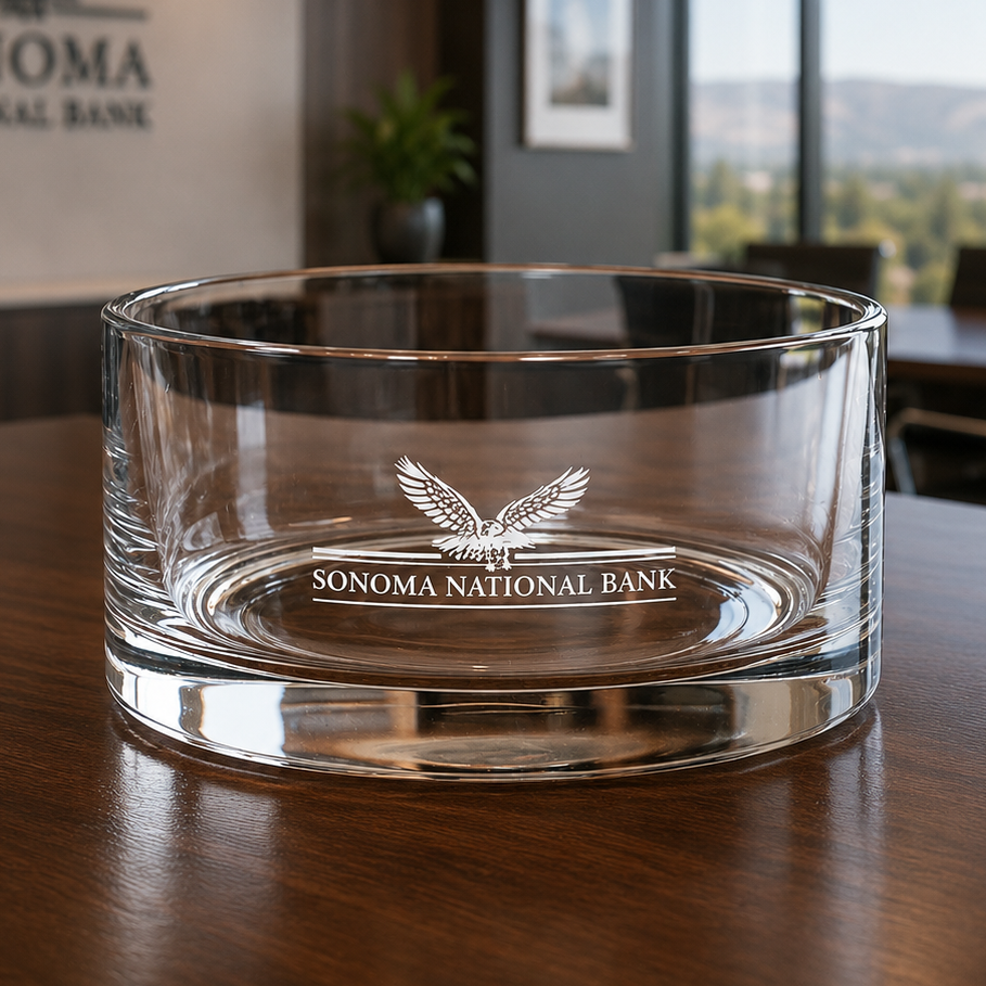 Clear glass bowl with a company logo makes a perfect deal toy.
