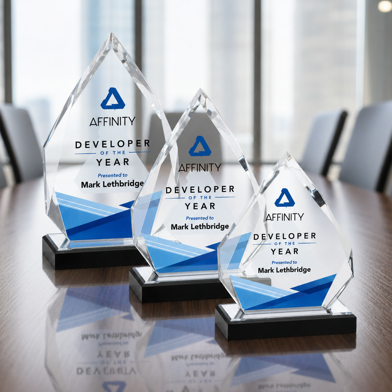 Three crystal deal tombstone awards for with corporate logo