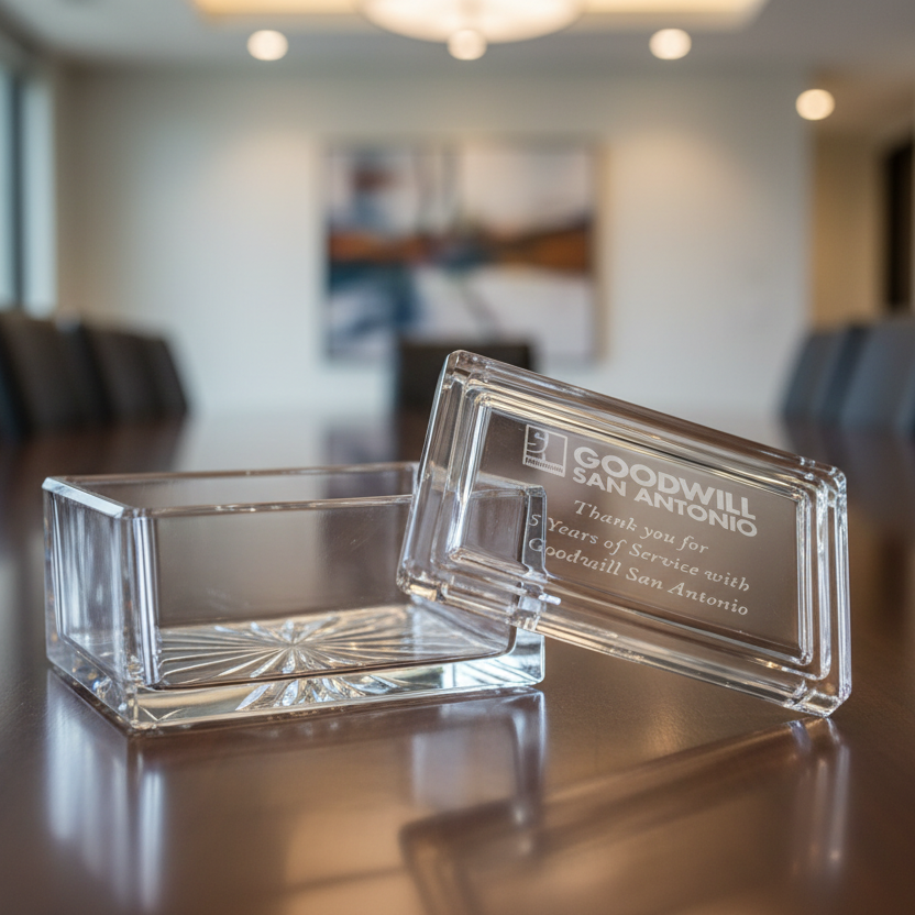 Clear glass containers with engraved text on a reflective surface, blurred office background