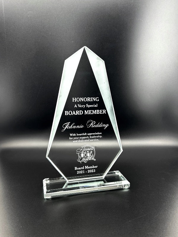 Crystal Glass Starfire Siera Award with sand etch engraved logo and text .