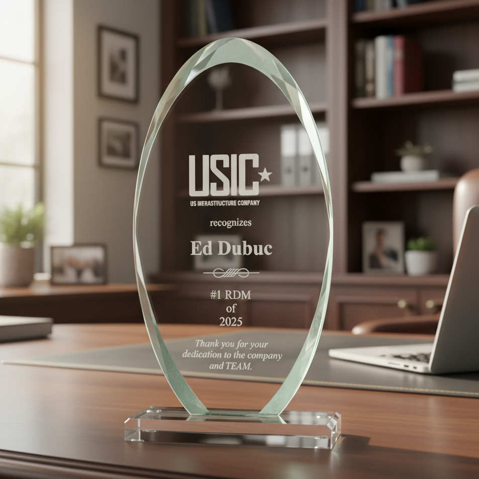 Glass award with sand etch engraved personalization text on a clear base with office background
