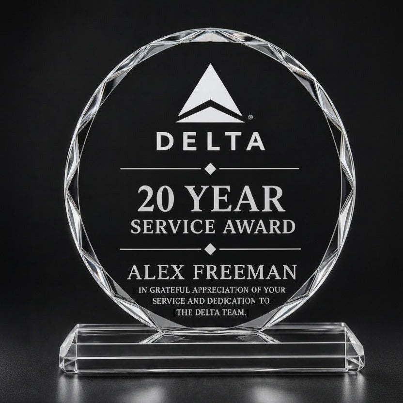 Crystal award with logo and '20 Year Service Award' text on a black background