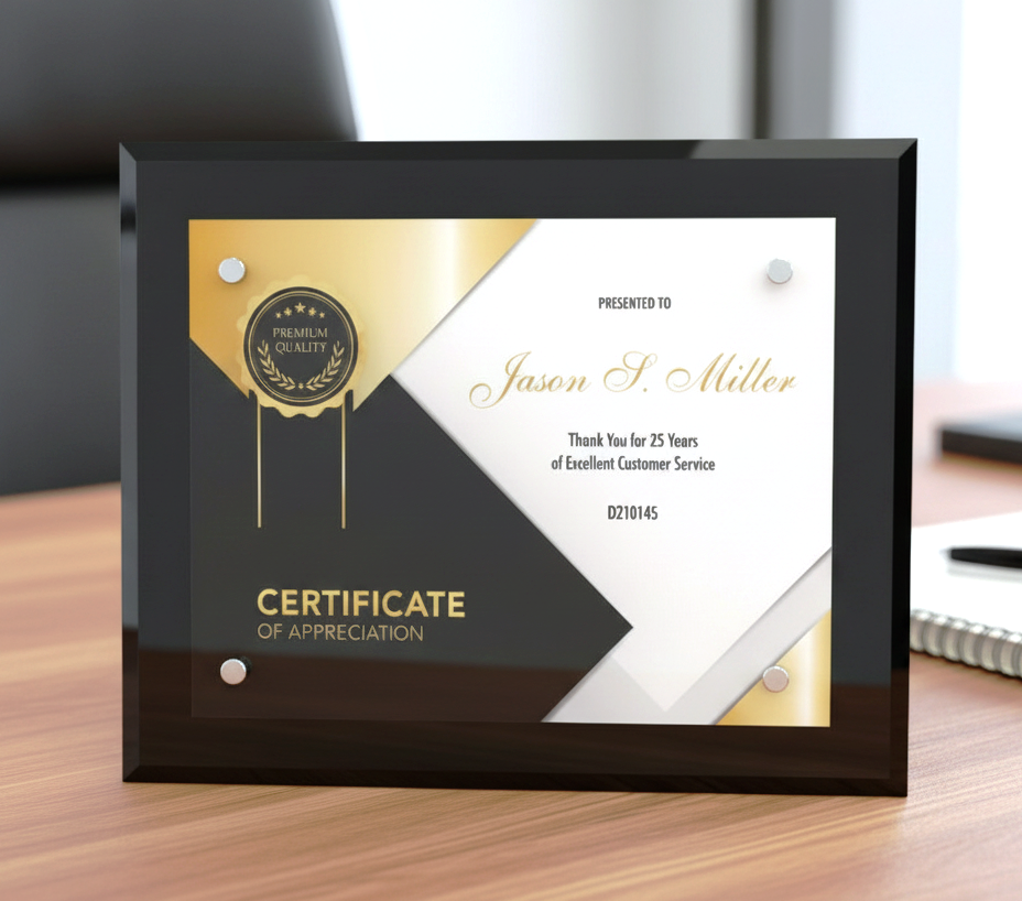 Framed certificate of appreciation