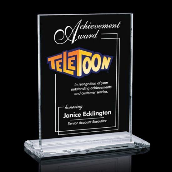 A clear crystal rectangle award with crystal base, UV color text and corporate logo