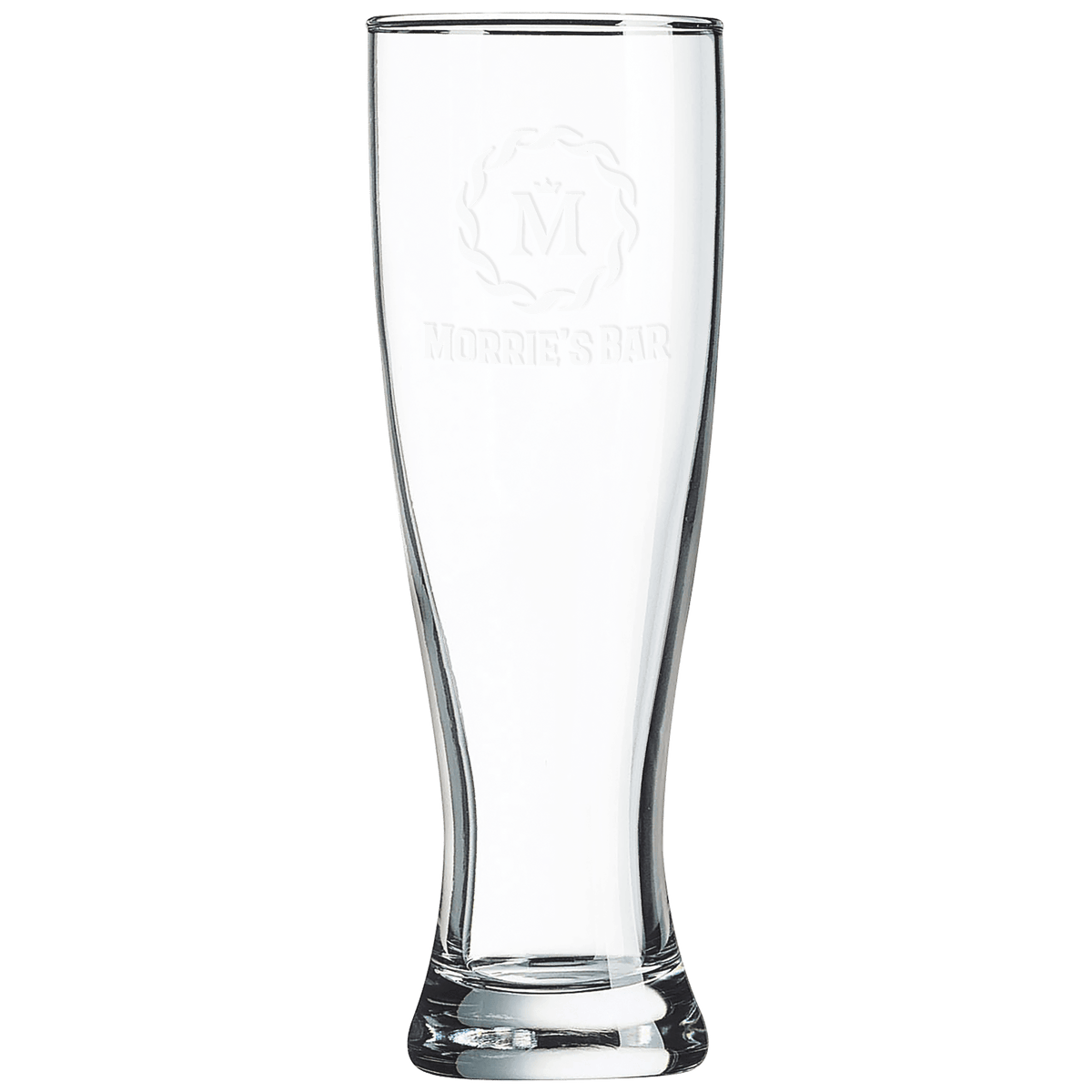 A clear glass pilsner glass with a logo etched near the top edge.