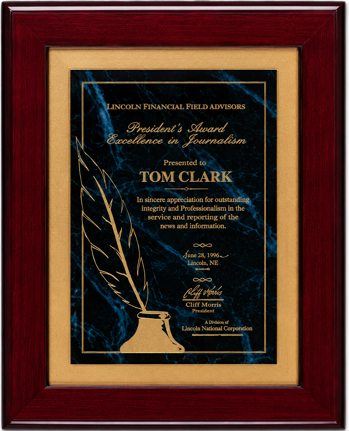 Rosewood Piano Finish Frame Plaque with a brushed gold metal background and black brass engraving plate.