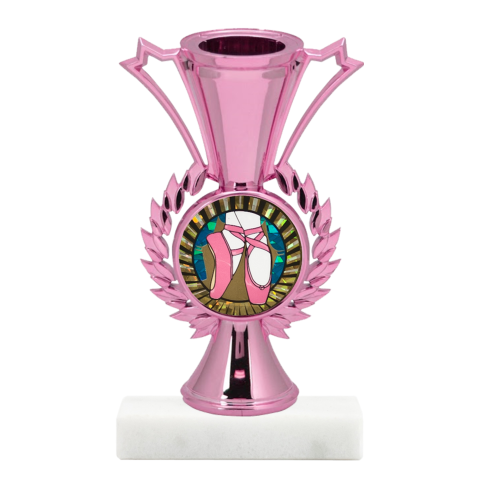 Pink trophy with ballet-themed emblem on a white background