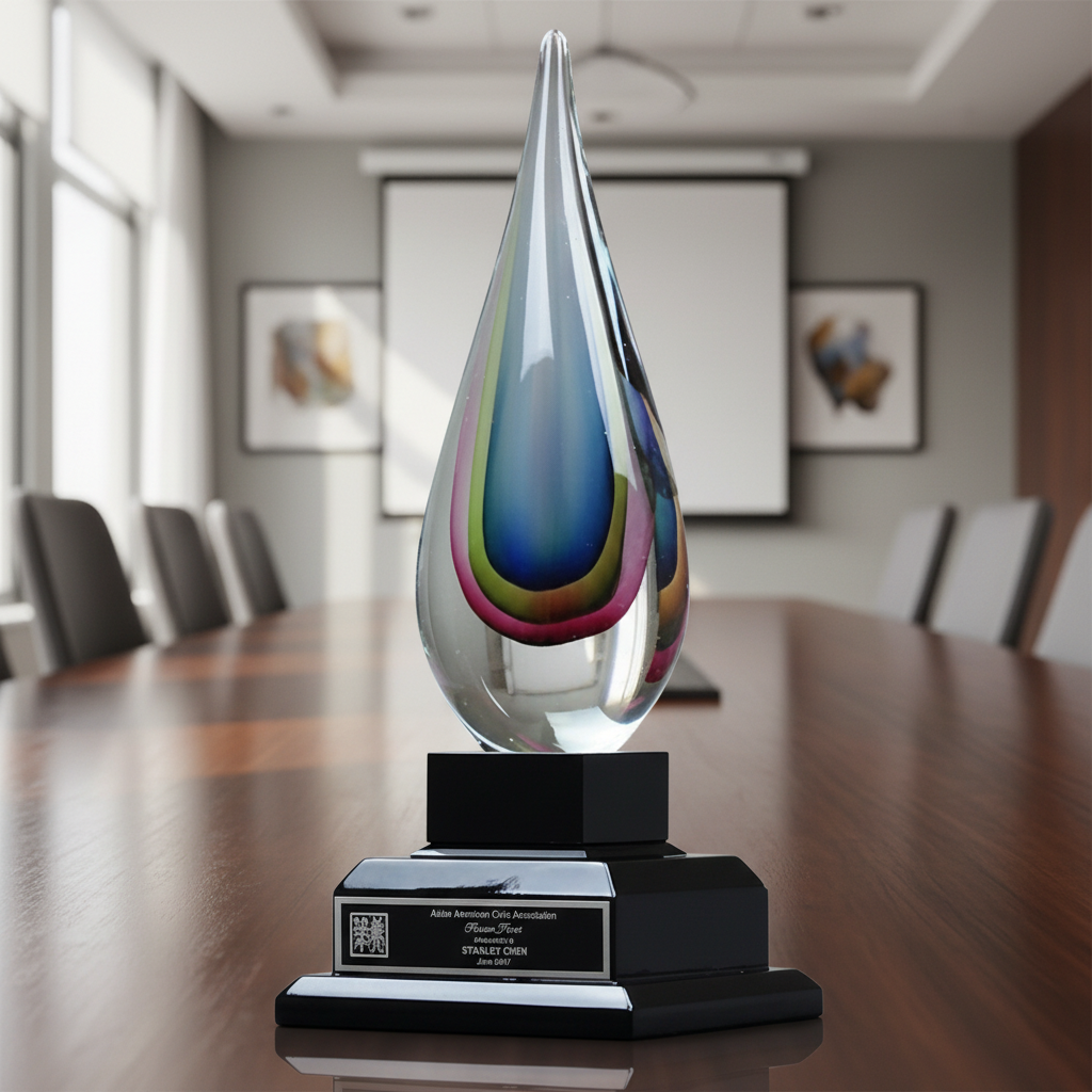 Decorative glass art award on a conference table in an office setting